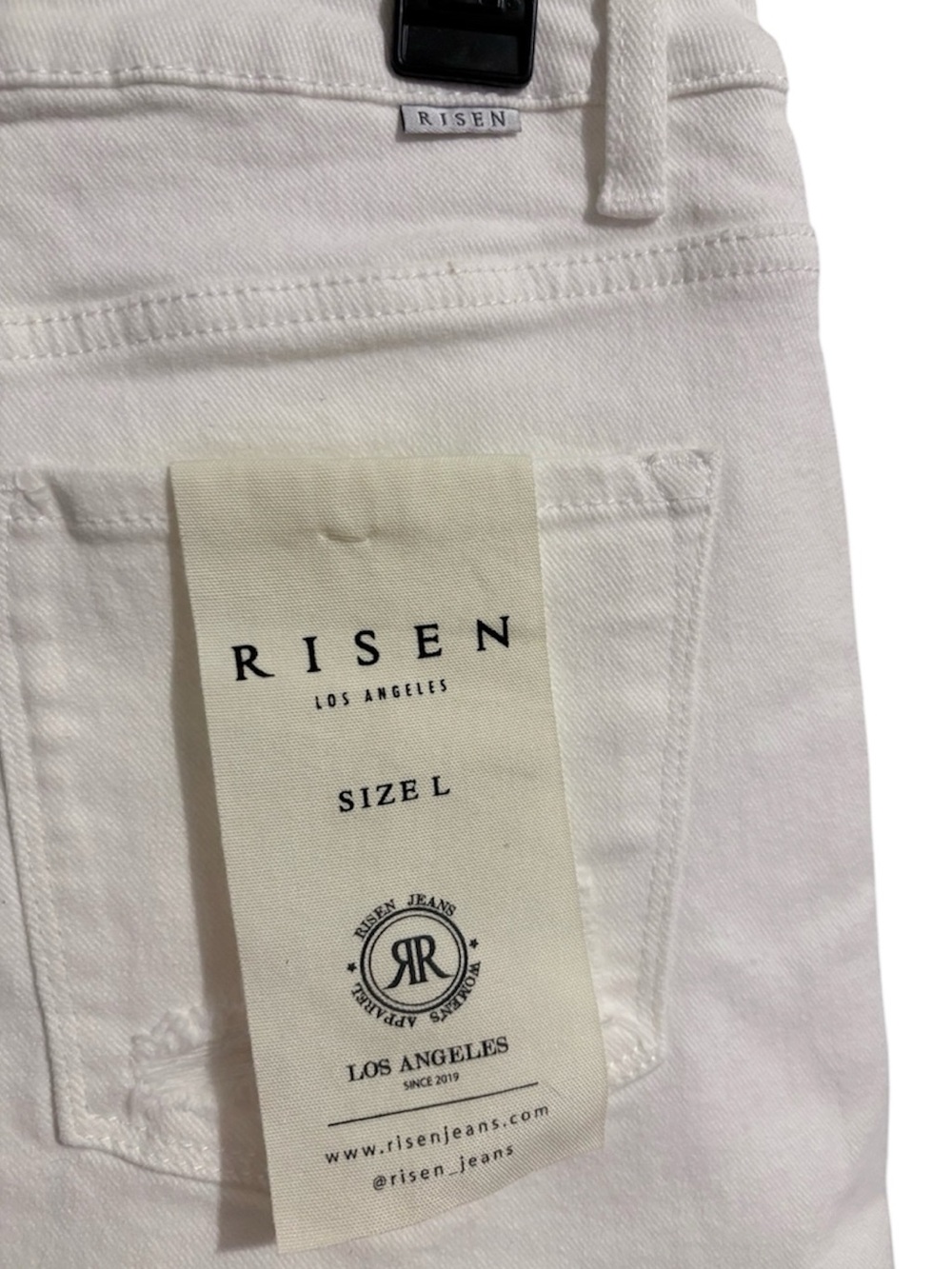 RISEN White Denim Shorts with Silver Chain and Rhinestone Fringe - Picture 8 of 9